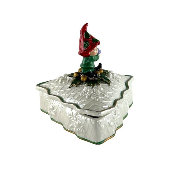 Vintage Hand Painted Cracker Barrel Christmas Tree Candy Trinket Dish With Pixie - Picture 15 of 16